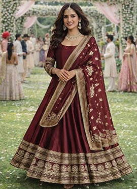 Opulent Maroon Silk Embroidered Sequins Zari Jacquard Anarkali Suit