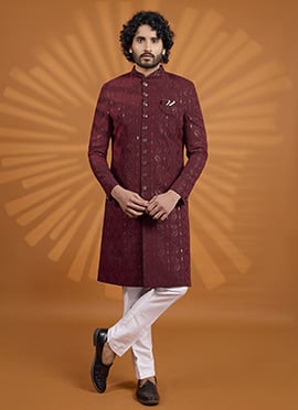 Opulent Maroon Thread Work Sequins Embroidered Classic Sherwani