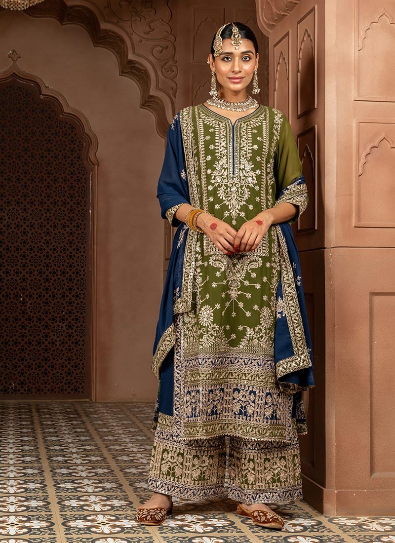 Opulent Mehendi Green Faux Georgette Zari Sequins Palazzo Suit Festive Wear