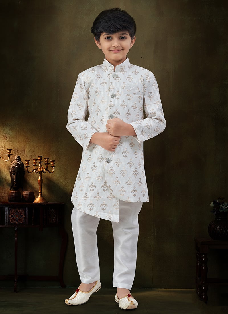 Opulent Off White Banarasi Silk Sequins Embroidered Kids Boys Indowestern Sherwani Wedding Wear