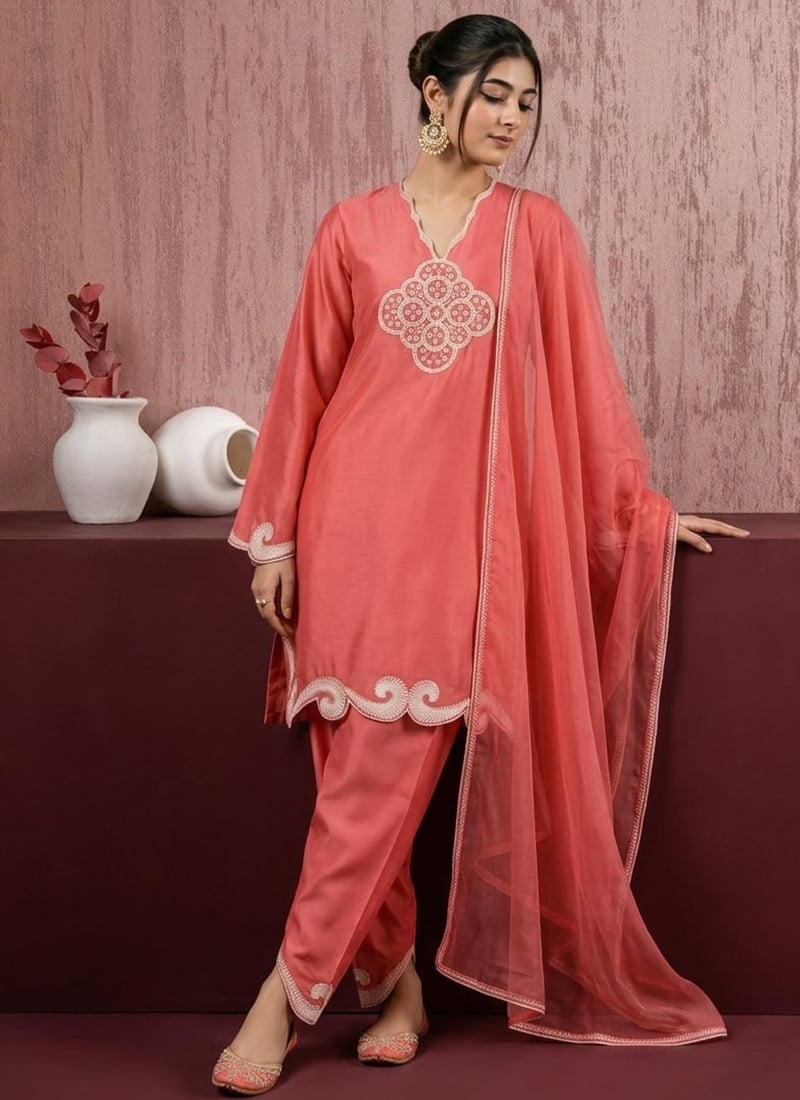 Opulent Peach Art Silk Embroidered Resham Zari Straight Pant Suit After Six Wear