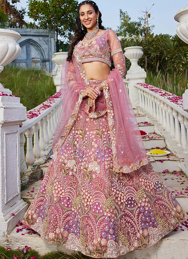 Opulent Pink Net Zarkan Embroidered Lehenga With Radiant Sequin And Stone Wedding Wear