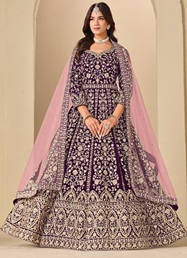 Opulent Purple Velvet Zari Embroidered Sequins Anarkali Suit