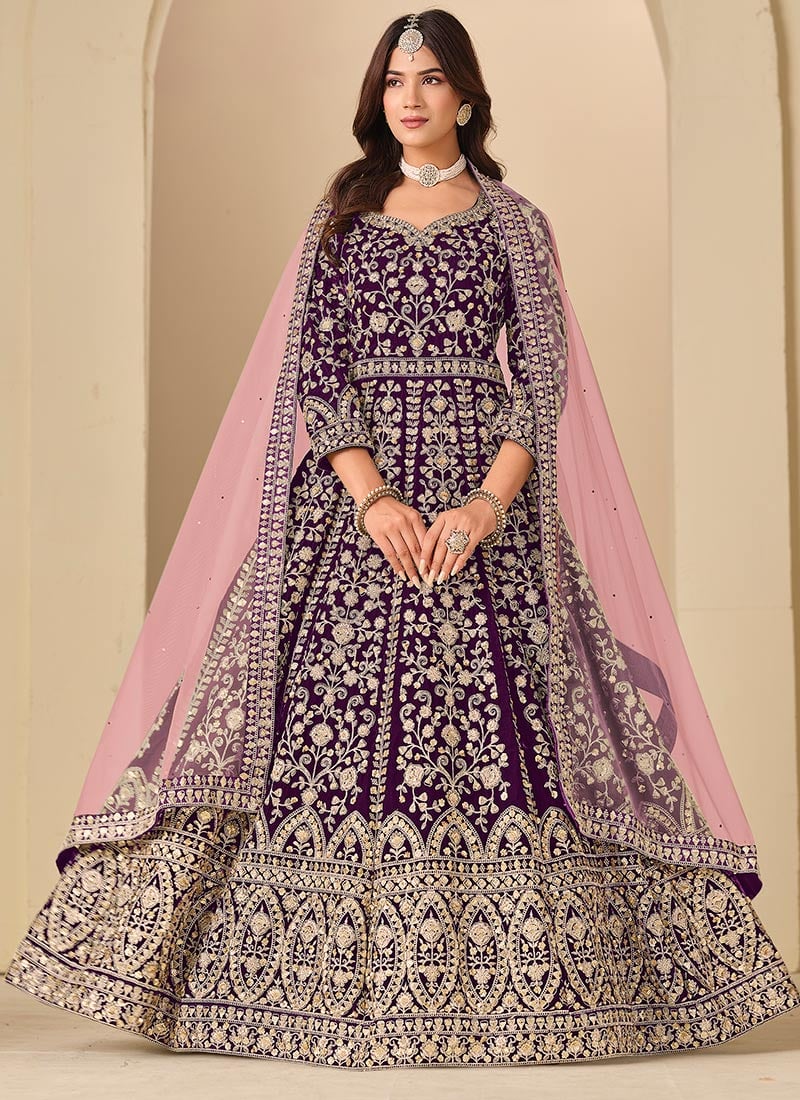 Opulent Purple Velvet Zari Embroidered Sequins Anarkali Suit Wedding Wear