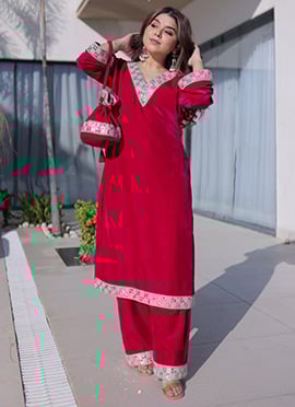 Opulent Red Velvet Beads Mirror Work Kurta Palazzo Set