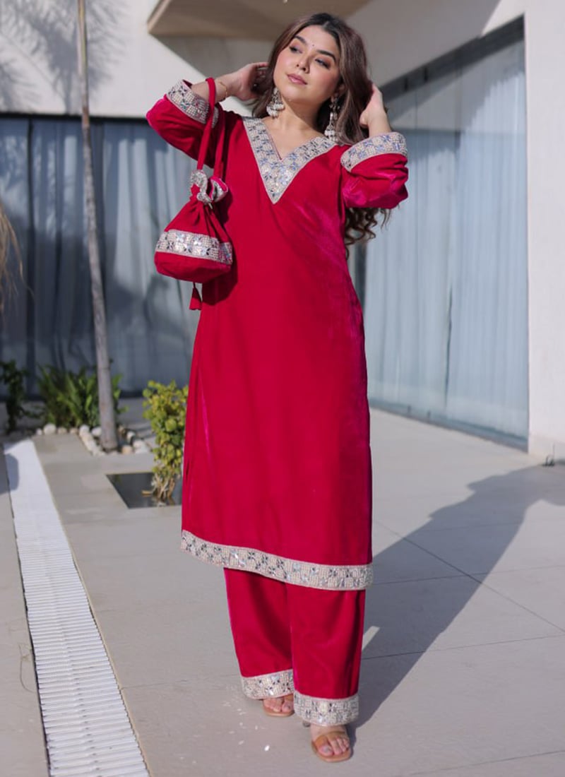 Opulent Red Velvet Beads Mirror Work Kurta Palazzo Set After Six Wear
