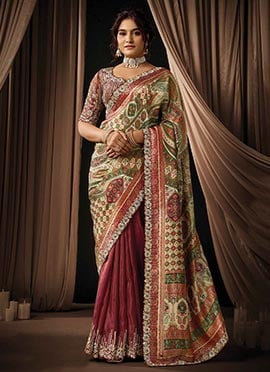 Opulent Rich Maroon Viscose Shimmer Sequins Beads Hand Embroidered Jacquard Stones Saree