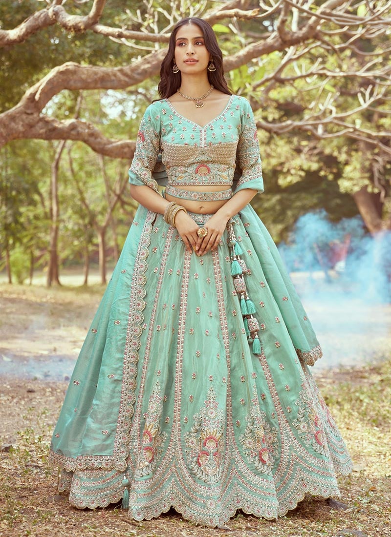 Opulent Sea Green Tissue Moti Zari Embroidered Lehenga Wedding Wear