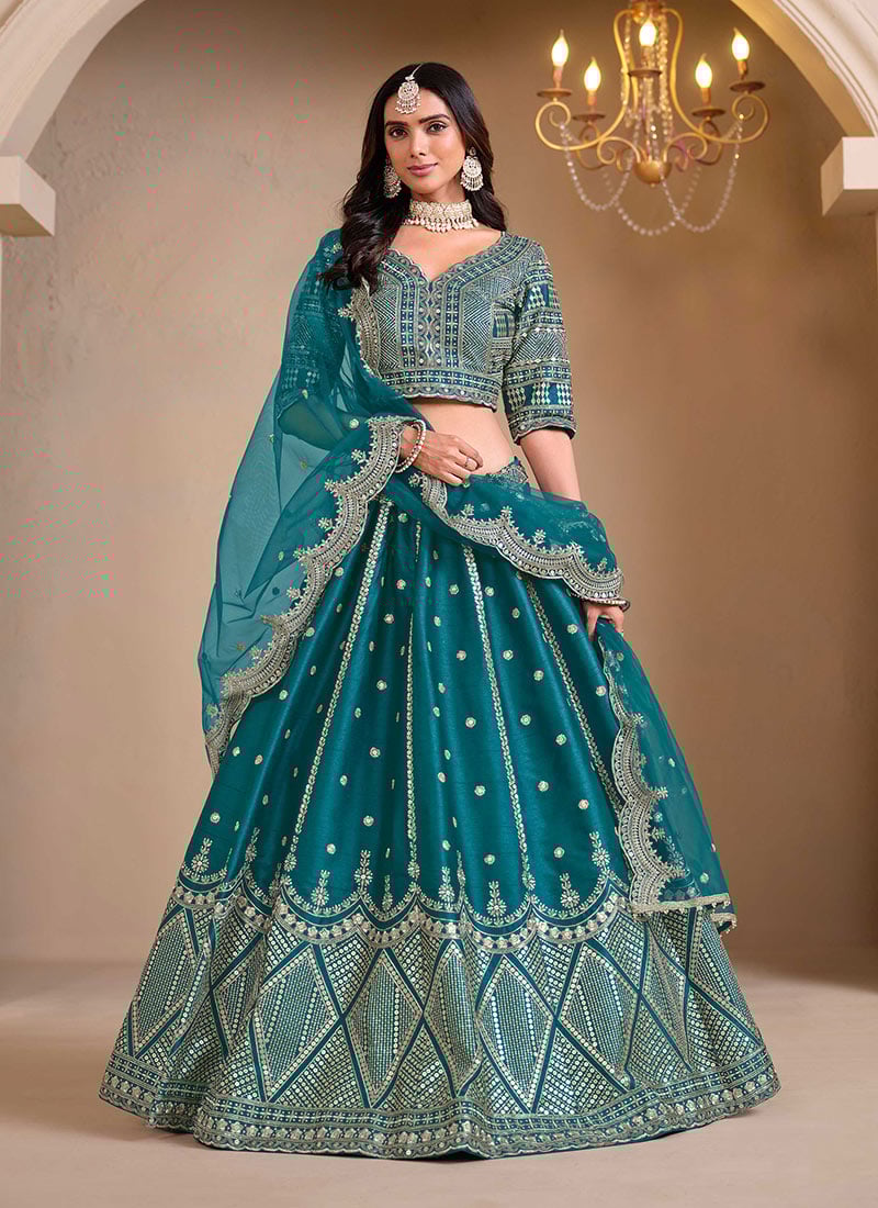 Opulent Teal Silk Zari Embroidered Sequins Lehenga