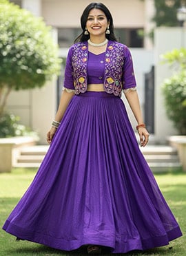 Opulent Violet Vichitra Silk Embroidered Indowestern Set and Suit