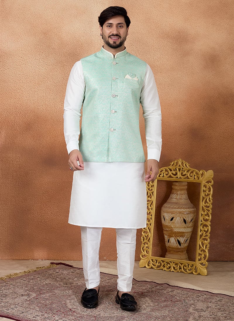 Opulent White Silk Jacquard Bandi Set Festive Wear