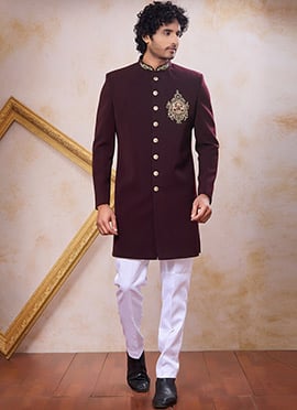 Opulent Wine Beads Stone Zardosi Hand Work Indowestern Sherwani
