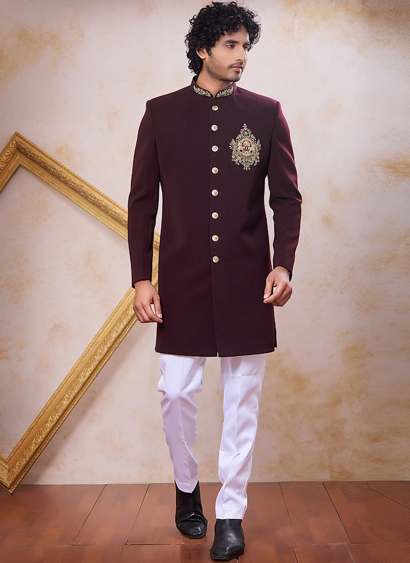 Opulent Wine Beads Stone Zardosi Hand Work Indowestern Sherwani Wedding Wear