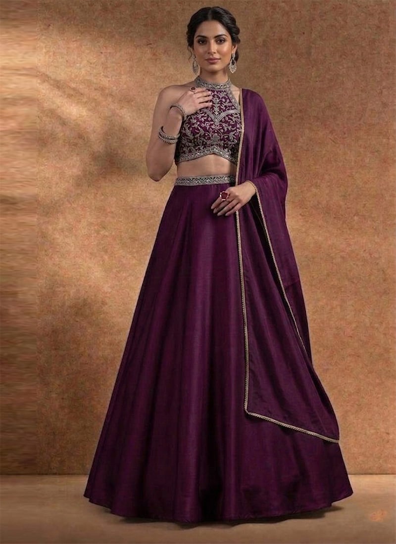 Opulent Wine Chinon Beads Stones Hand Embroidered Umbrella Lehenga Wedding Wear