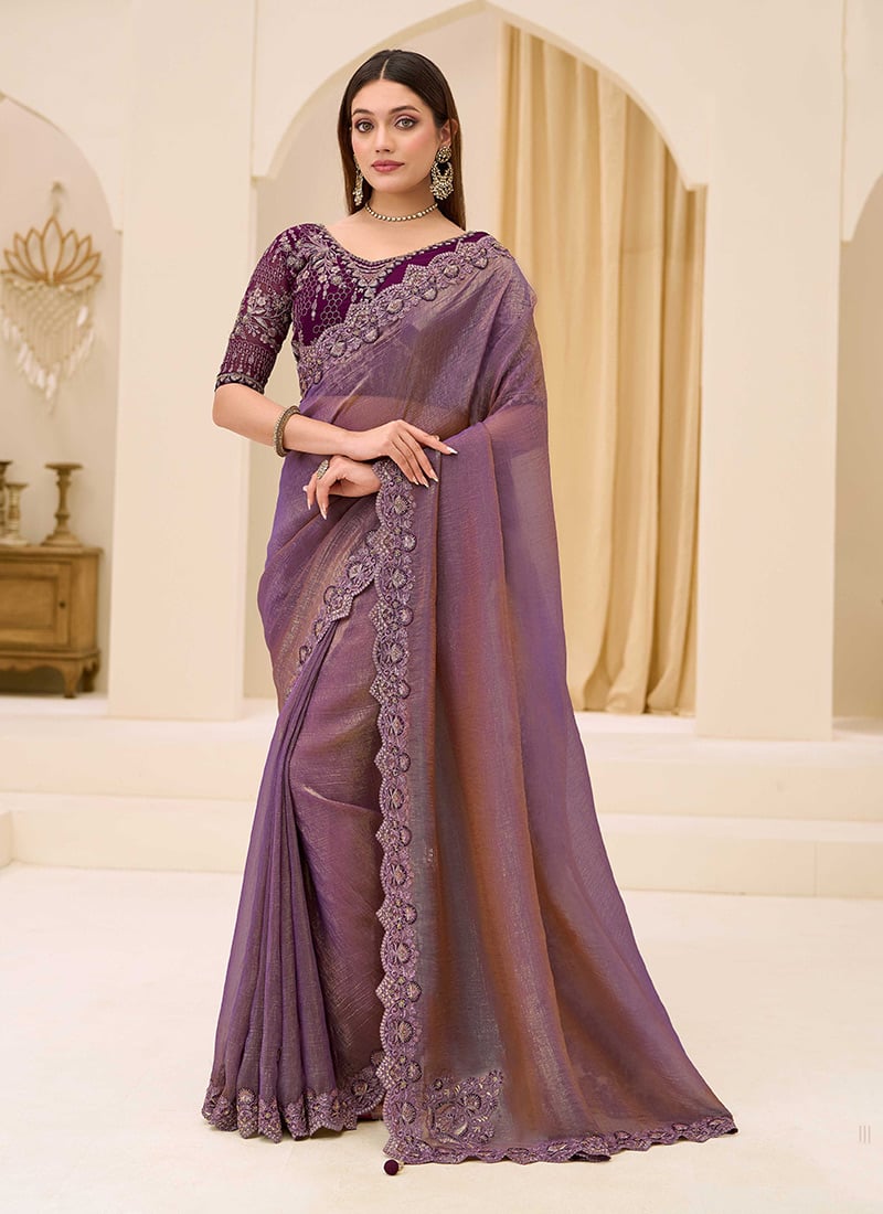 Opulent Wine Georgette Embroidered Sequins Zari Beads Thread Saree Wedding Wear