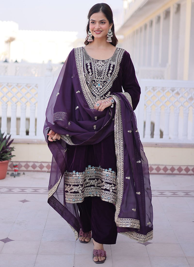 Opulent Wine Velvet Sequins Embroidered Straight Pant Suit Festive Wear