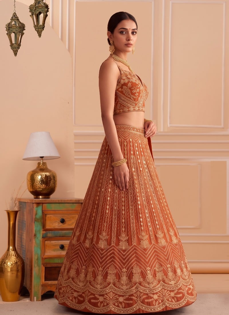 Orange Net Sequins Embroidered Lehenga After Six Wear