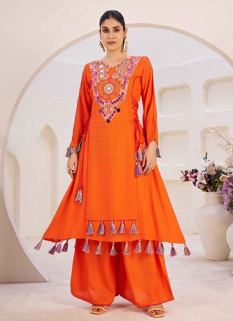 Orange  Rayon Mirror And Kutch Work Indowestern Palazzo Set Festive Wear