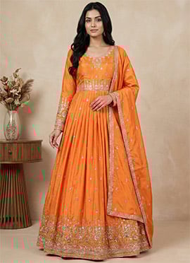 Orange American Silk Embroidered Sequin Anarkali Suit