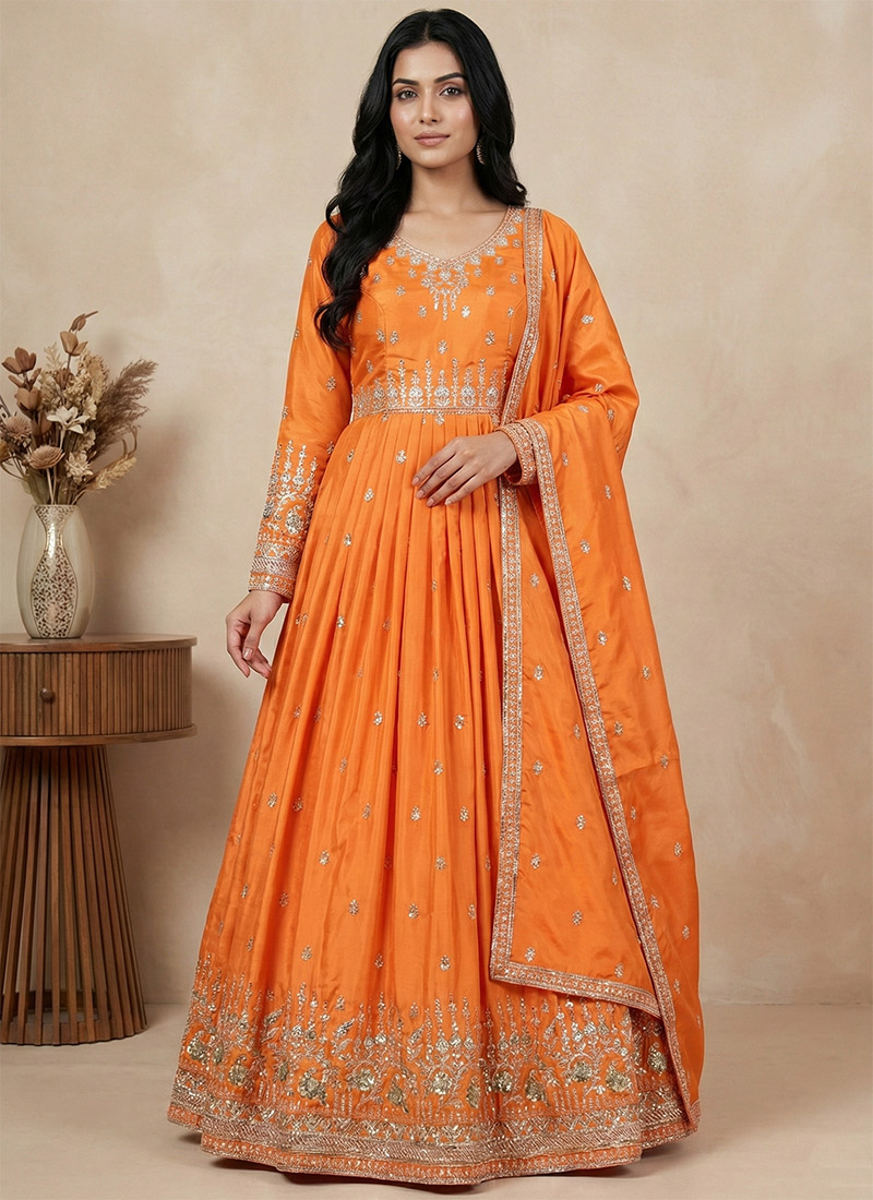 Orange American Silk Embroidered Sequin Anarkali Suit Festive Wear
