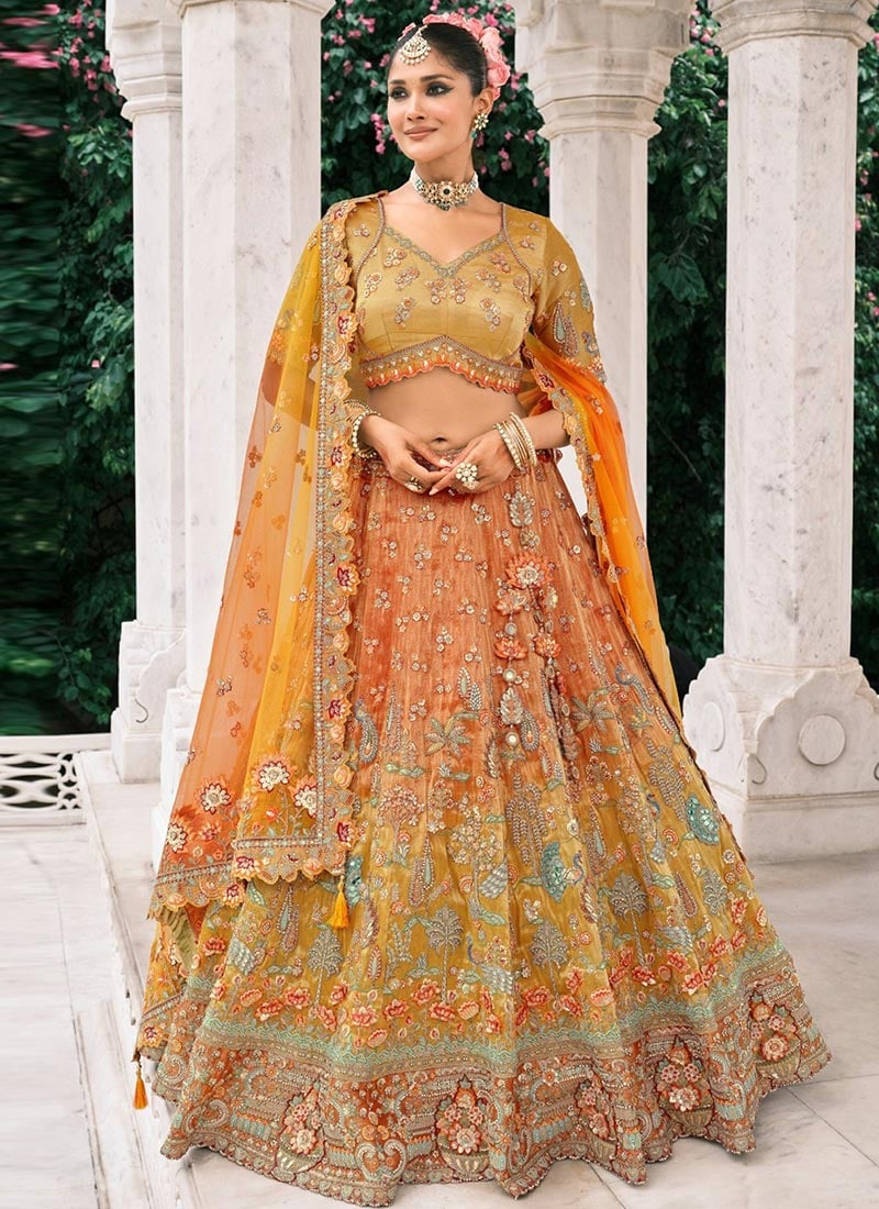 Orange And Mustard Silk Thread Embroidered And Cut Work Umbrella Lehenga