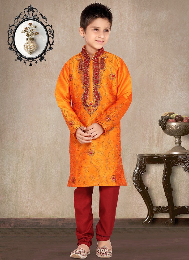 Orange Art Dupion Kids Kurta Pyjama
