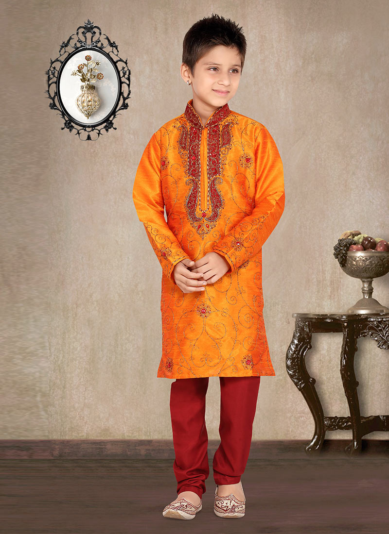 Orange Art Dupion Silk Kids Kurta Pyjama