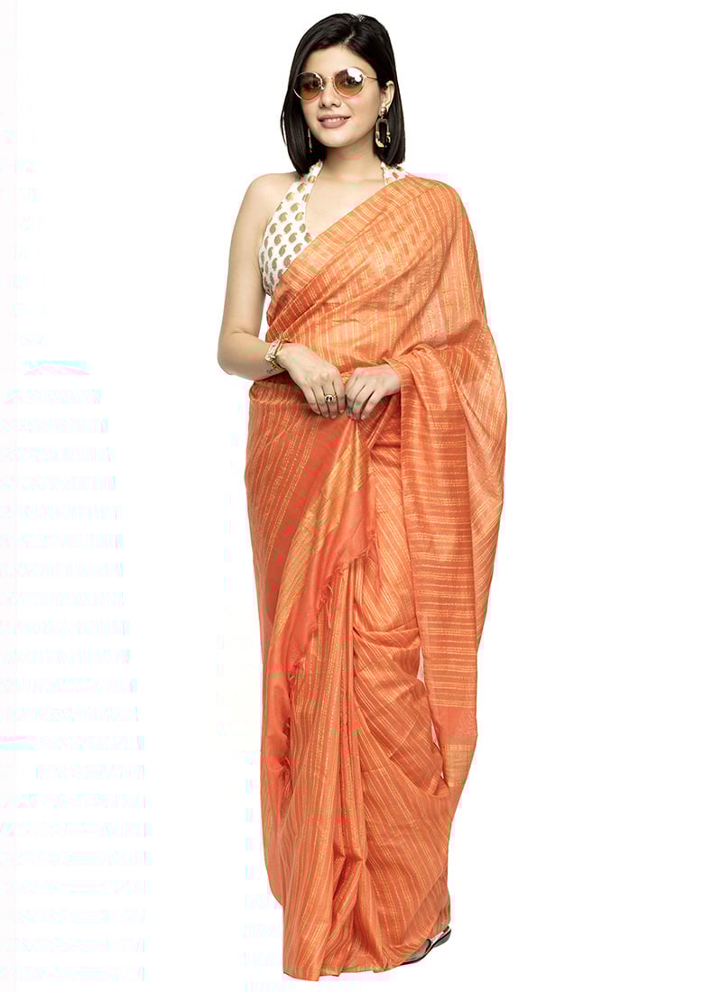 Orange Art Silk Cotton Sari After Six Wear