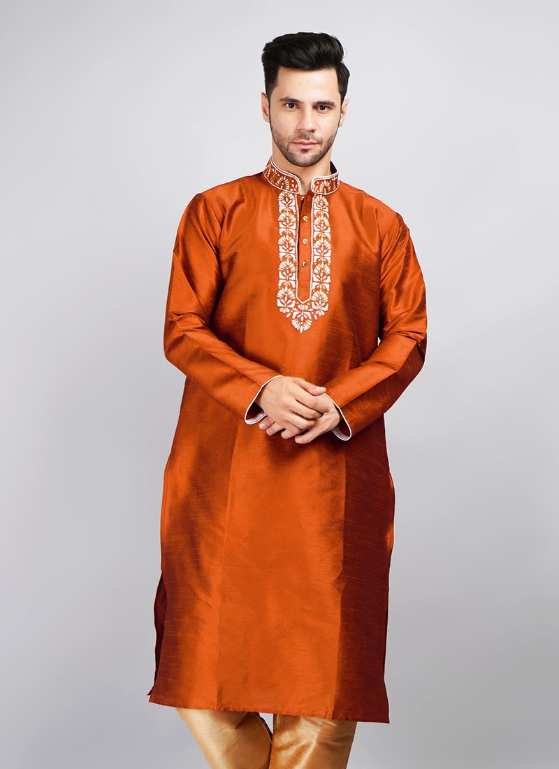 Orange Art Silk Embroidered Kurta