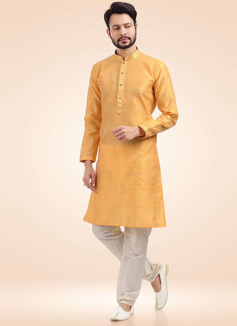 Orange Banarasi Silk Jacquard Kurta Pyjama Party Wear