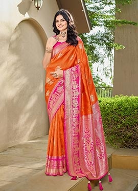 Orange Banarasi Silk Jacquard Woven Saree