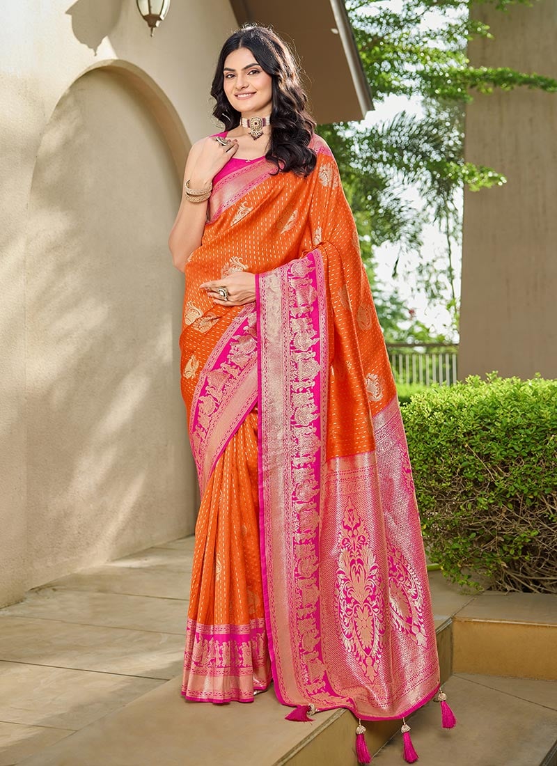 Orange Banarasi Silk Jacquard Woven Saree Festive Wear