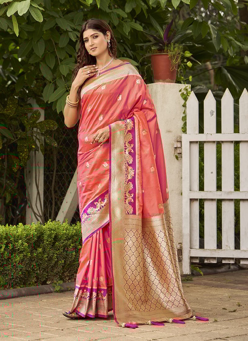 Orange Banarasi Silk Jacquard Zari Saree
