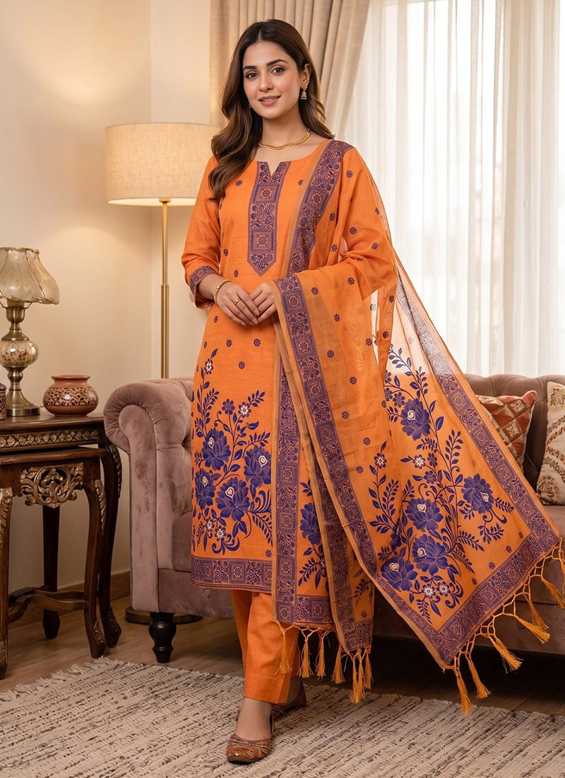 Orange Banarasi Silk Jamdani Pichwai Weaving Straight Pant Suit Leisure Wear
