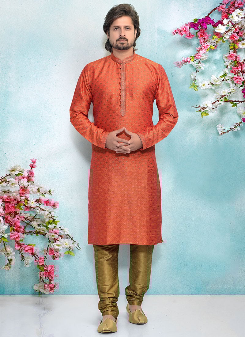 Orange Banarasi Silk Kurta Pyjama Party Wear