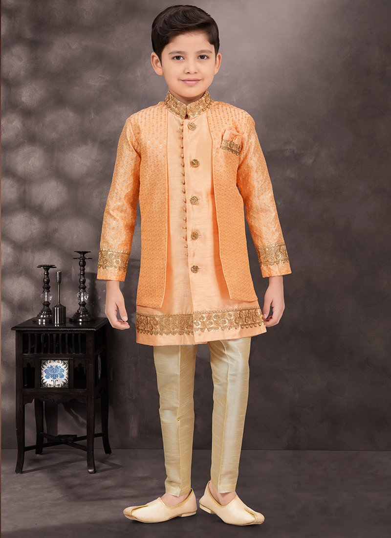 Orange Banarasi Silk Sequins Indowestern Sherwani For Little Gentleman Wedding Wear