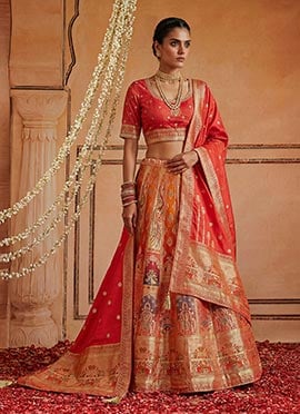 Orange Banarasi Silk Zari Jacquard Lehenga