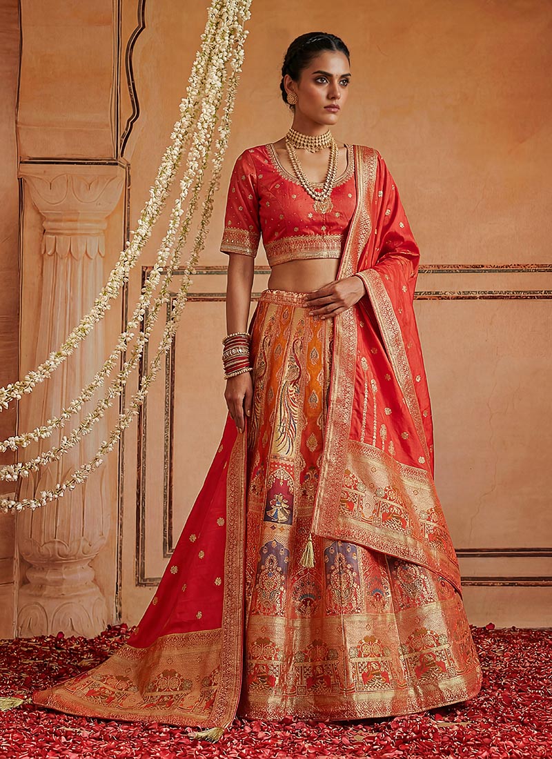 Orange Banarasi Silk Zari Jacquard Lehenga Wedding Wear