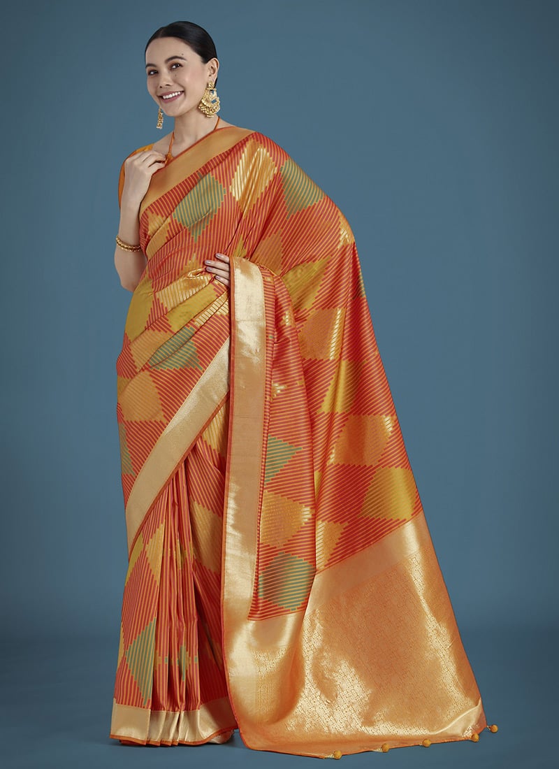 Orange Banarasi Silk Zari Woven Saree Festive Wear