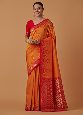 Orange Banarasi Silk Zari Woven Saree