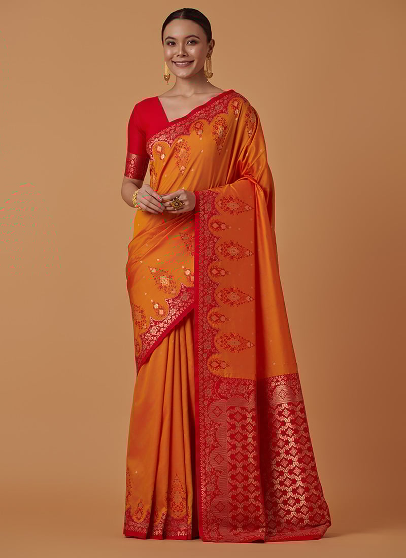 Orange Banarasi Silk Zari Woven Saree Festive Wear