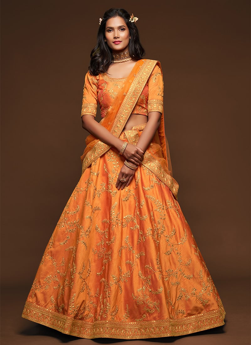 Orange Benarasi Silk Embroidered N Sequins Umbrella Lehenga Party Wear