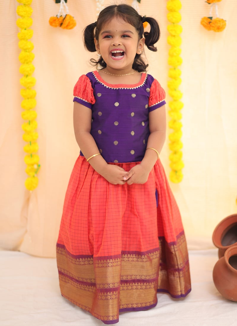 Orange Blended Cotton Handloom Kids Girls With Round Neck And Half Sleeve Party Wear