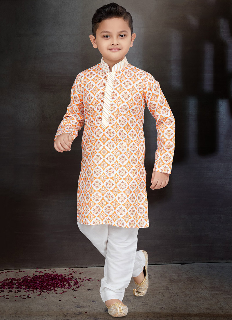 Orange Blended Cotton Printed Kids Boys Kurta Pyjama Festive Wear