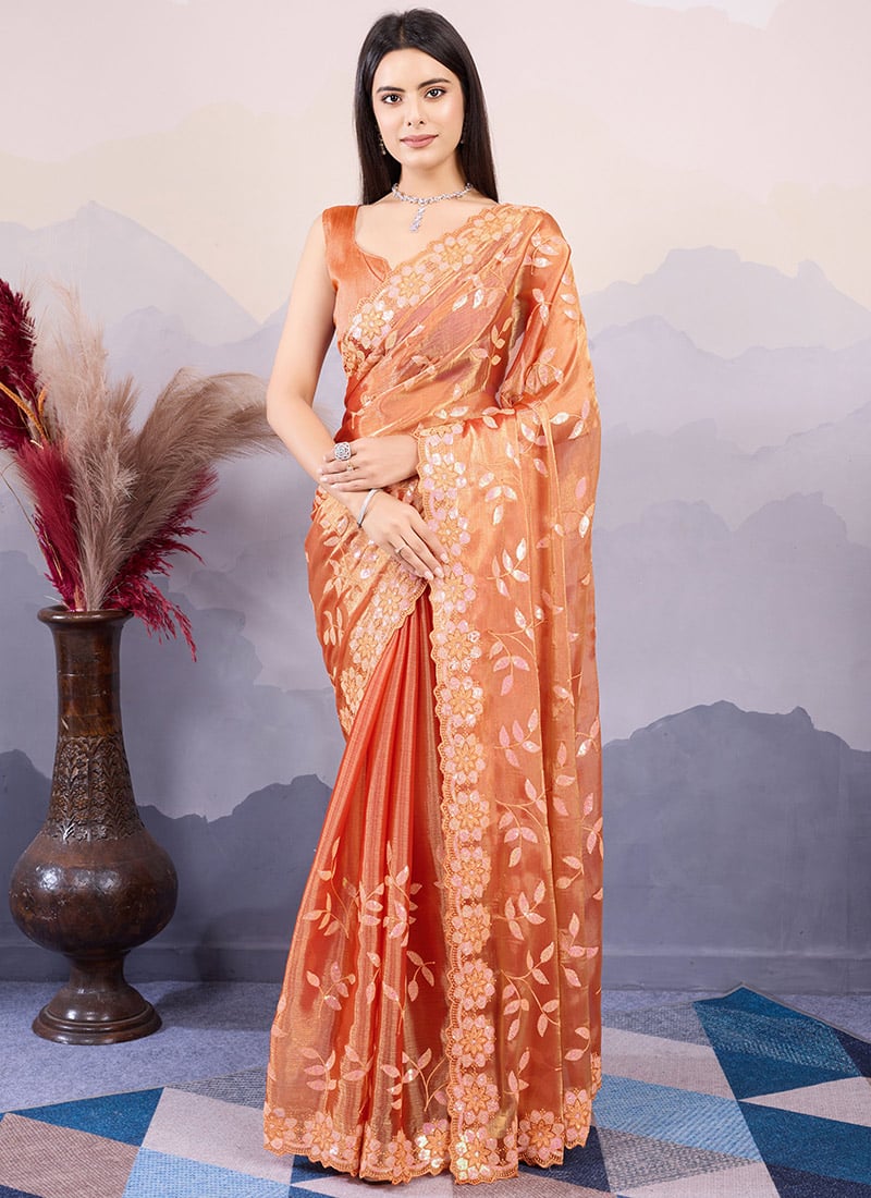 Orange Burberry Silk Sequins Embroidered Saree Festive Wear