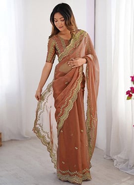 Orange Burbery Silk Embroidered Sequins Saree