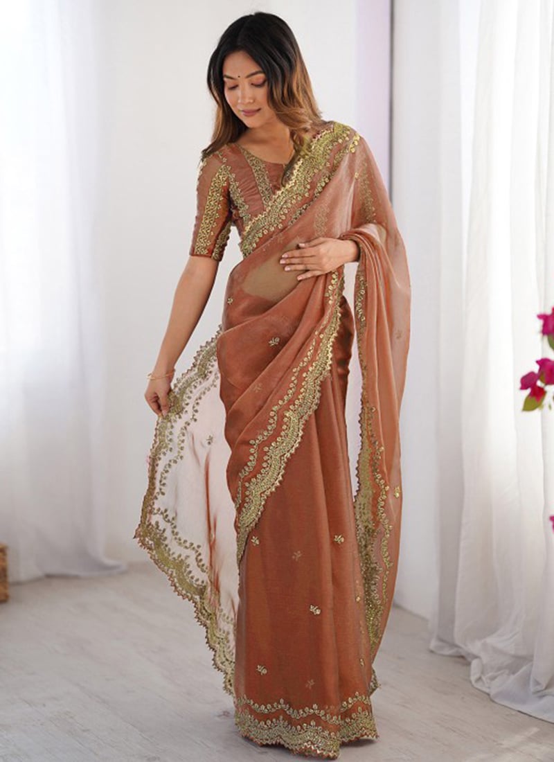 Orange Burbery Silk Embroidered Sequins Saree Festive Wear