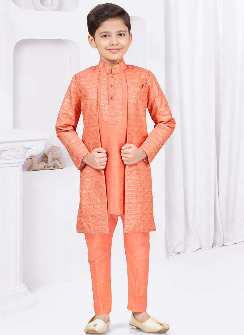 Orange Champion Banarasi Silk Thread Sequins Kids Boys Indowestern Sherwani  Wedding Wear