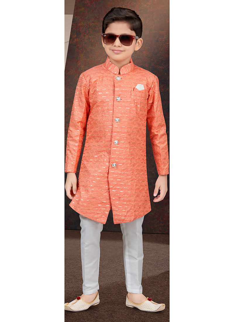 Orange Champion Silk Sequins Kids Boys Indowestern Sherwani Wedding Wear