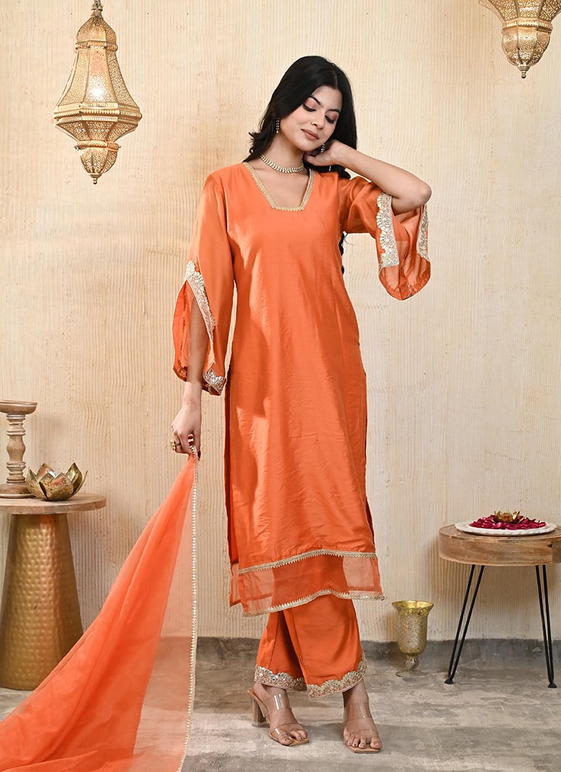 Orange Chanderi Lace Work Straight Pant Suit Festive Wear